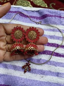 Elegant Red & Gold Jhumka Earrings & Pendant Set