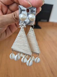 Unique Triangle Earrings with Pearl &amp; Shell Drops
