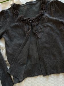 Elegant Grey Cardigan with Embellished Neckline