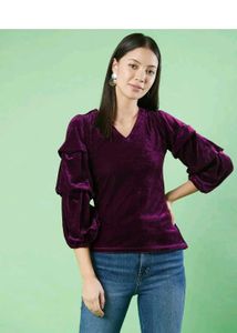 Purple Velvet Puff Sleeve Top