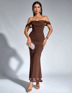 Elegant Brown Off-Shoulder Maxi Dress