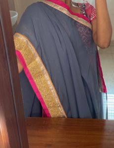 🌚Grey Saree with Pink &amp; Gold Border🌚