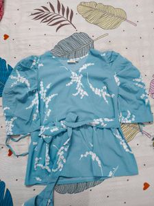 Sky Blue Floral Peplum Top with Puff Sleeves | Onc