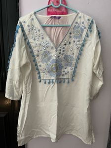 Elegant White &amp; Blue Kurta Set with Embroidery