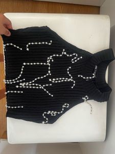 Black Knit Top with Pearl Embellishments