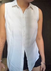 Sleeveless White Collared Shirt