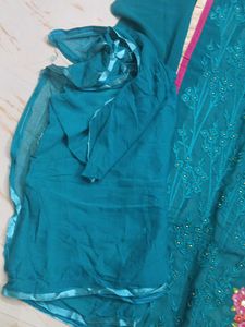 unstitched Embroidered Teal Kurta Set with Dupatta