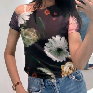 Black Floral Print One Shoulder Top