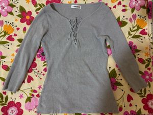 Grey Lace-Up Ribbed Long Sleeve Top👚