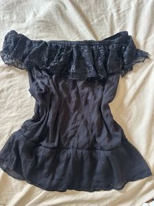 Black Off-Shoulder Lace Trim Top XL