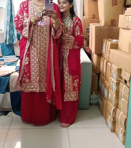 Traditional Rani & Gold Kurta Set (mther daughter