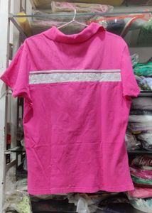 Chic Pink Polo T-Shirt with White Patchwork Detail