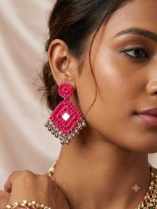 Boho Pink Diamond Earrings with Mirror(Navratri)