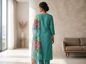 Teal Embroidered Kurta with Floral Dupatta ( new )
