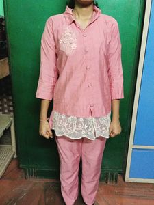 Pink Cotton Kurta Set with Lace Detail