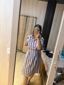Striped Midi Shirt Dress with Pearls🦋