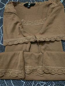 Brown Korean Lace Trim Ribbed Top