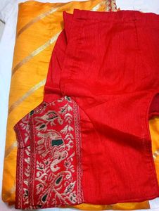 Vibrant Yellow Saree &amp; Red Traditional Blouse