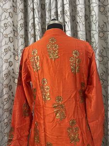 Vibrant Orange Kurta with Gold Print