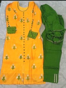 Yellow Kurta Set with Green Pants & Dupatta