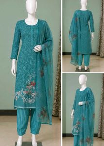 Teal Floral Dress Material Set