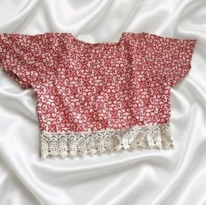 Red &amp; White Printed Crop Top with Lace Trim
