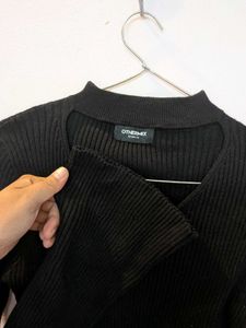 Chic Black Ribbed Bell Sleeve Top