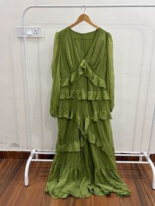 Olive Green Tiered Ruffled Swiss-Dot Maxi Dress
