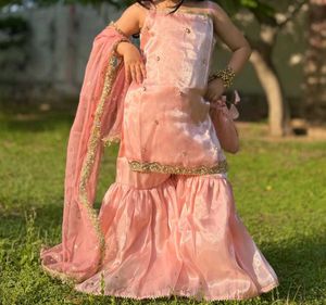 Girls Pink Embroidered Sharara Set with Dupatta
