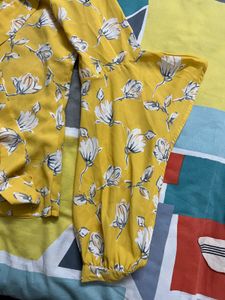 Yellow Floral Tie-Neck Blouse