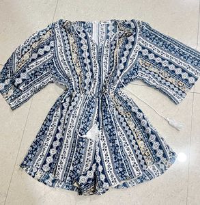 Boho Print Romper with Tassels