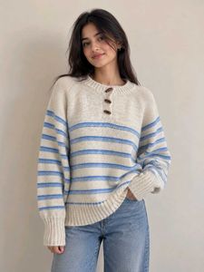 Cream & Blue Striped Knit Sweater