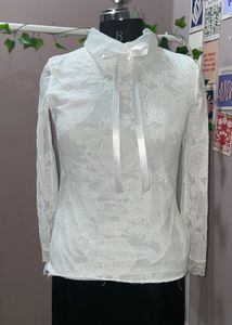 Elegant White Lace Top with Ribbon