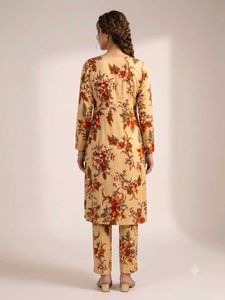 Beige Floral Print Kurta Set crushed material