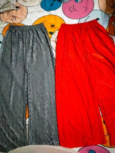 Pleated Palazzos - Grey & Red Set