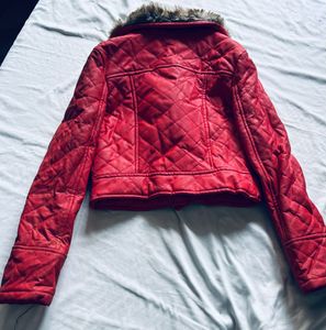 Red Quilted Faux Leather Jacket with Fur Collar