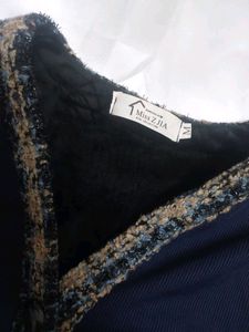 Korean Tweed Trimmed Navy Dress