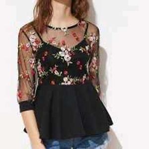 Black Embroidered Mesh Sleeve Top