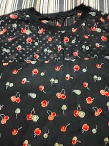 Cute Cherry Print Black Top