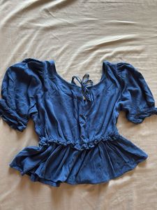 Blue Peplum Puff Sleeve Top