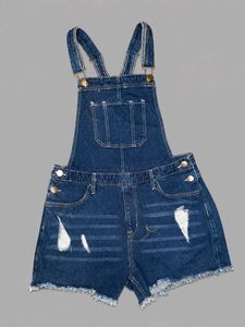 Distressed Denim Short Overalls