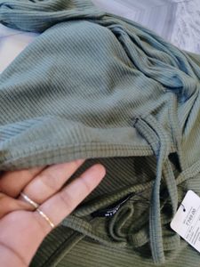Olive Green Long Sleeve Maxi Dress with High Slit
