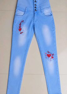 Light Blue High-Waist Jeans with Heart Embellishme