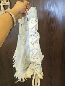 Distressed Lace-Up Denim Shorts