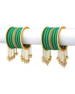Elegant Green & Gold Bangles with Pearl Dangles