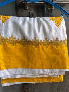 Elegant White Saree with Yellow Embroidery