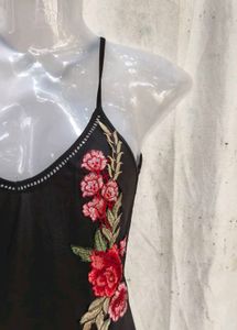 Floral Embroidered Black One-Piece Swimsuit