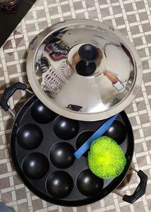 NEW NONSTICK APPUM PATRA WITH STAINLESS STEEL LID+ FREE SCRUBBER AND STICK(12 Cups)