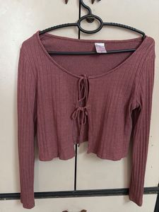 Mauve Ribbed Tie-Front Top