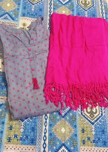 Gray Tunic Top &amp;Fushia Pink Scarf Set